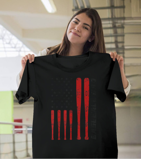 Baseball Dad American Flag Red Bat T-Shirt