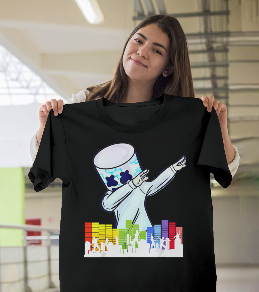 All I Want For Christmas Is Marshmallow Dan Dabbing with Colorful Music Wave Background T-Shirt