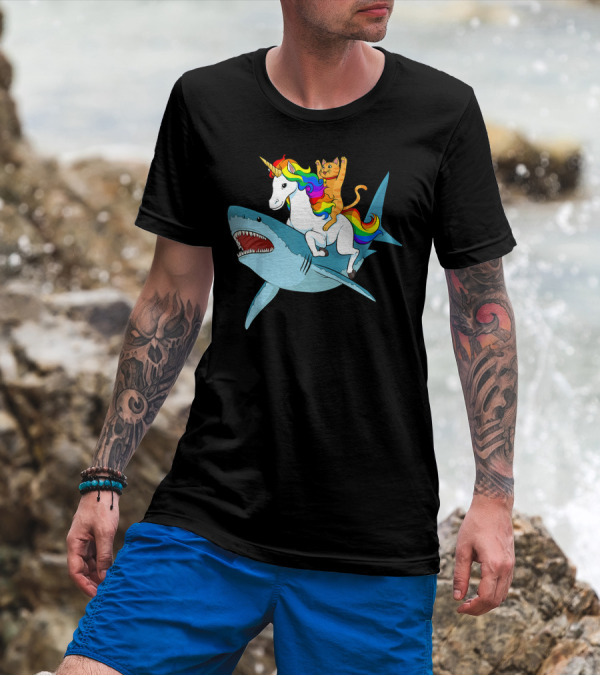 Cat On Rainbow Unicorn Riding Shark Adventure T-Shirt