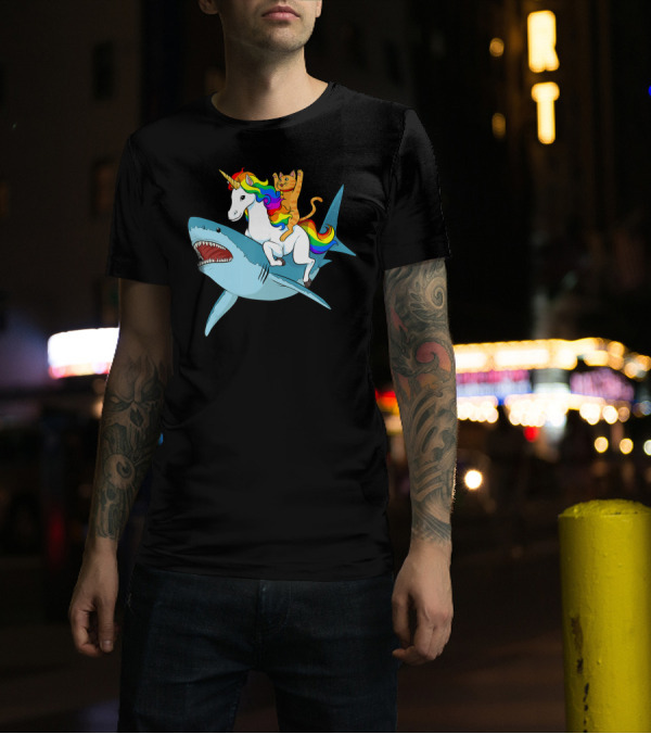 Cat On Rainbow Unicorn Riding Shark Adventure T-Shirt