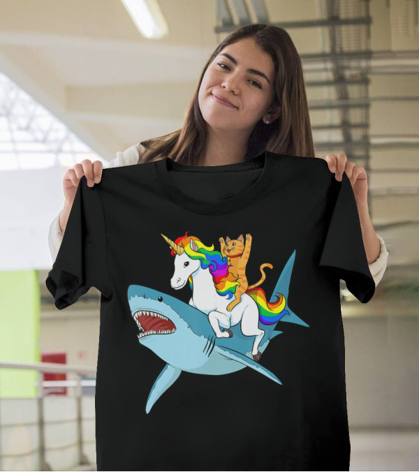 Cat On Rainbow Unicorn Riding Shark Adventure T-Shirt