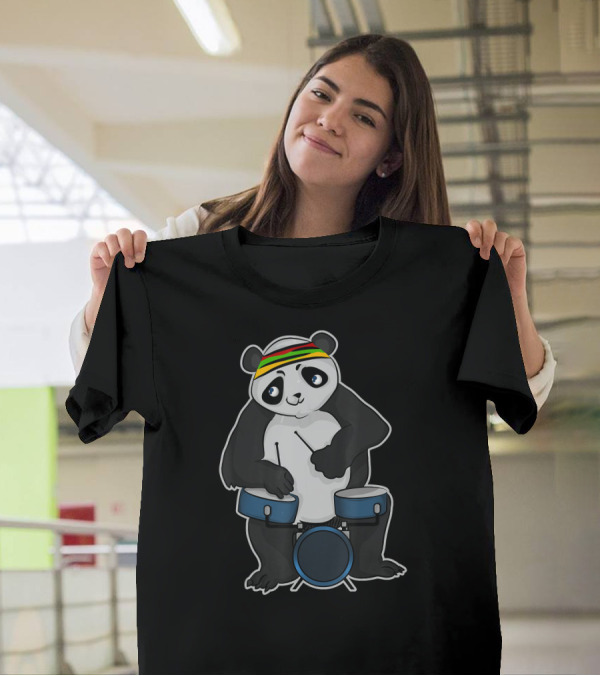 Panda Drummer Animal Drum Band Musician With Headband Playing Drums T-Shirt