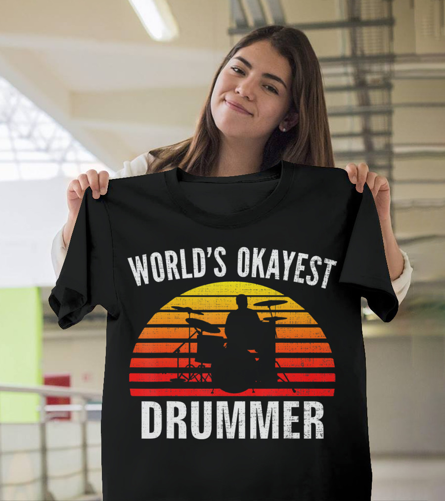 World's Okayest Drummer Vintage Silhouette with Sunset Stripes T-Shirt