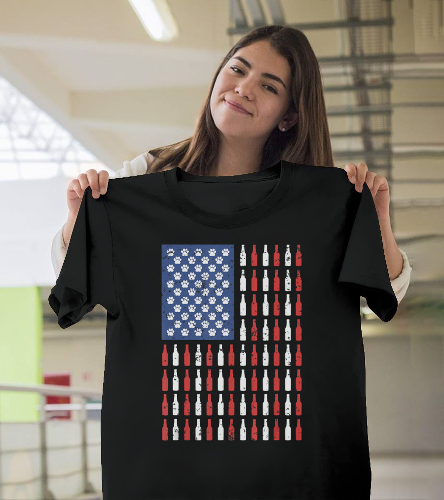 American Flag USA Dog Paw Beer Bottles Patriotic T-Shirt