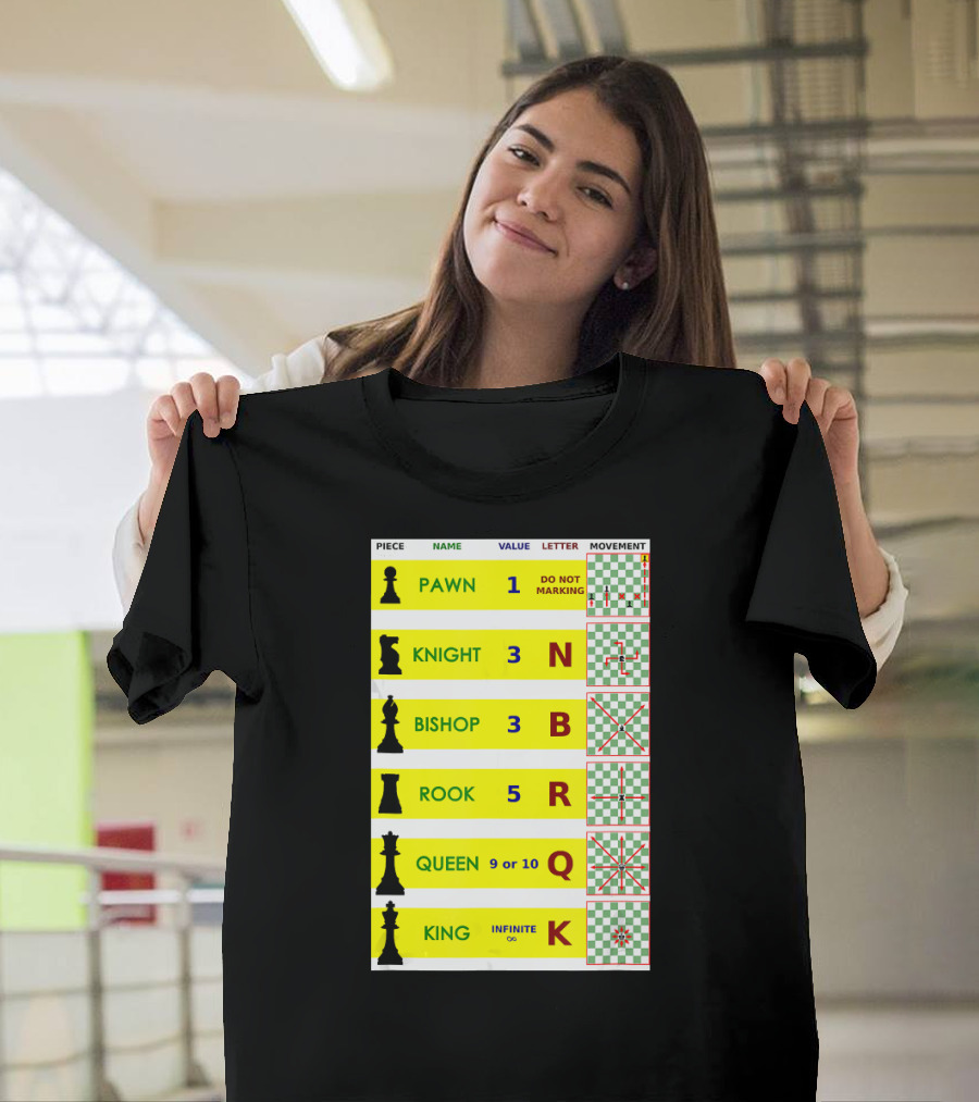 Chess Piece Guide Funny Board Game Player Pawn Knight Bishop Rook Queen King Movement Chart T-Shirt