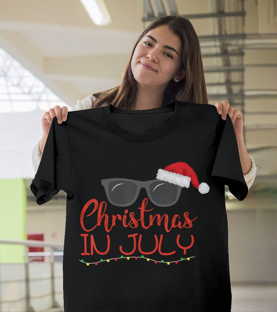 Christmas In July Santa Claus Hat Sunglasses Holiday T-Shirt