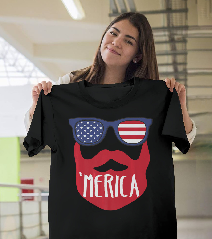 'Merica USA Flag Sunglasses Beard Patriotic Humor T-Shirt