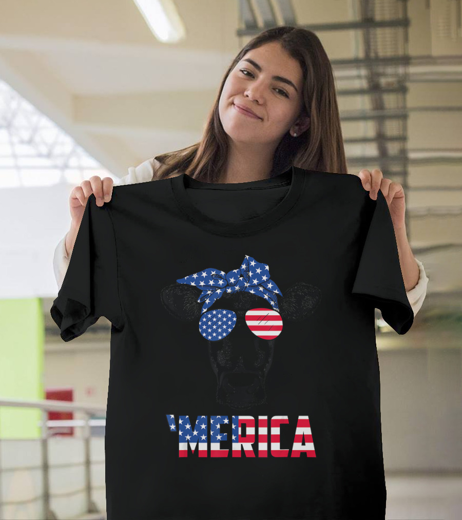 'Merica Heifer Patriotic Cow With American Flag Shades 4th of July T-Shirt