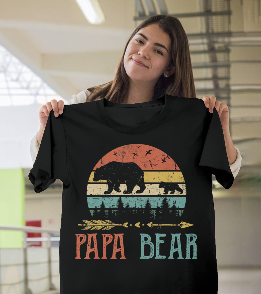 Papa Bear Vintage Daddy Wildling Retro Bear Silhouette Forest Arrow T-Shirt