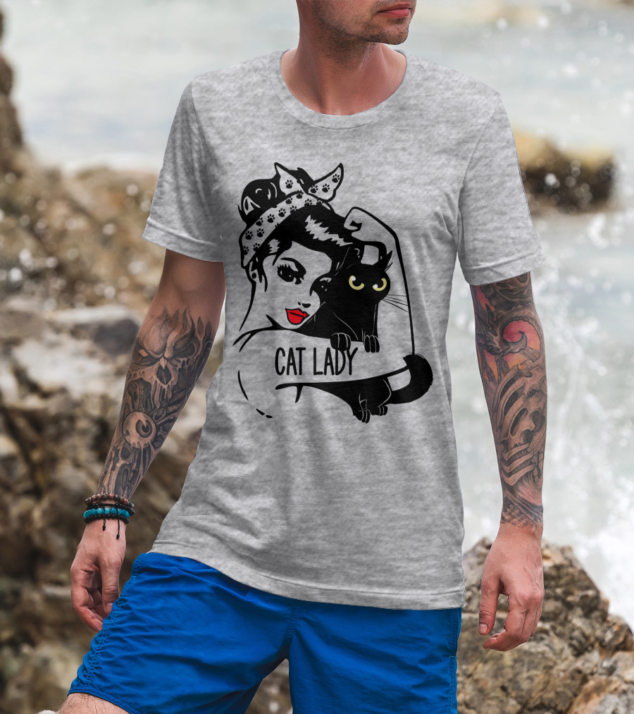 Cat Lady Retro Style With Black Cat And Polka Dot Bandana T-Shirt
