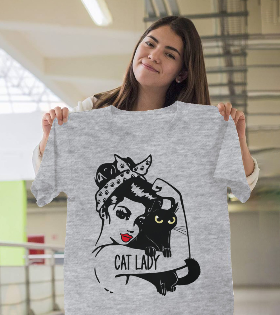 Cat Lady Retro Style With Black Cat And Polka Dot Bandana T-Shirt