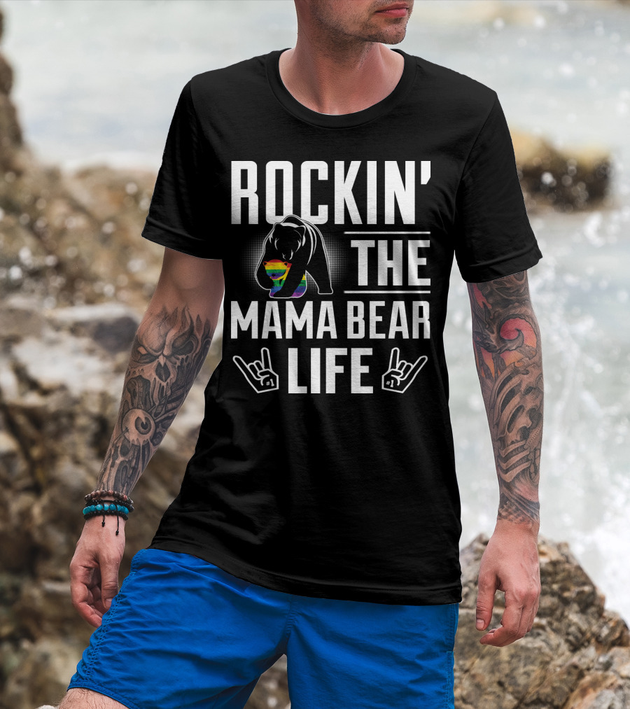 Rockin The Mama Bear Life Rainbow Pride Bear Rock Hands T-Shirt