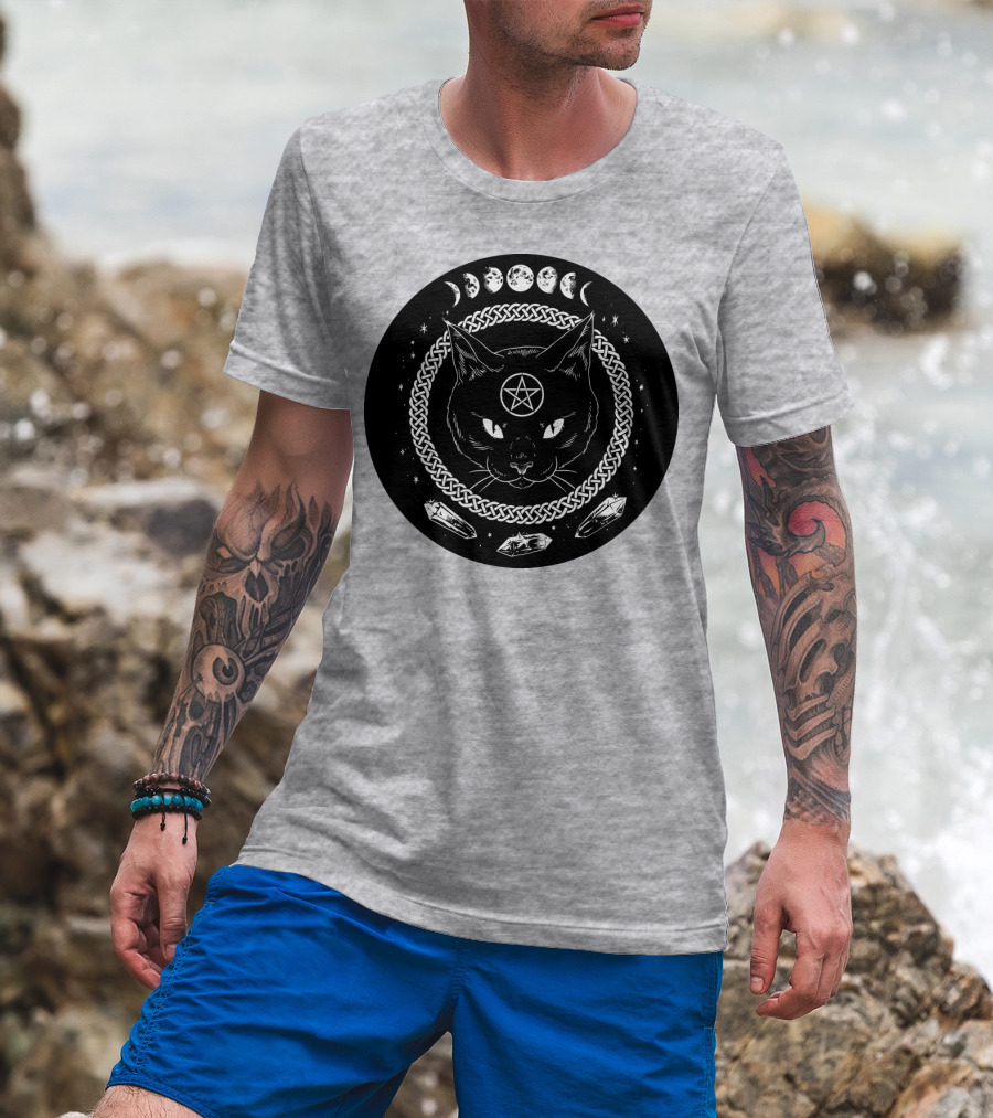 Cat Moon Magic Pentacle Phases Crystals Lunar Cycle T-Shirt