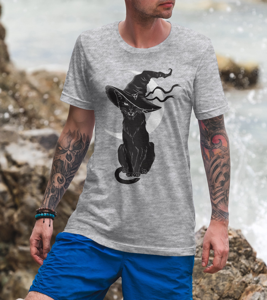 Cat Witch With Crescent Moon And Magic Hat T-Shirt
