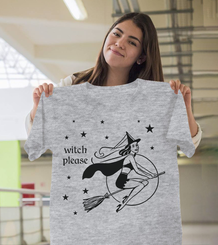 Witch Please Vintage Flying Witch Broomstick Moon Stars T-Shirt