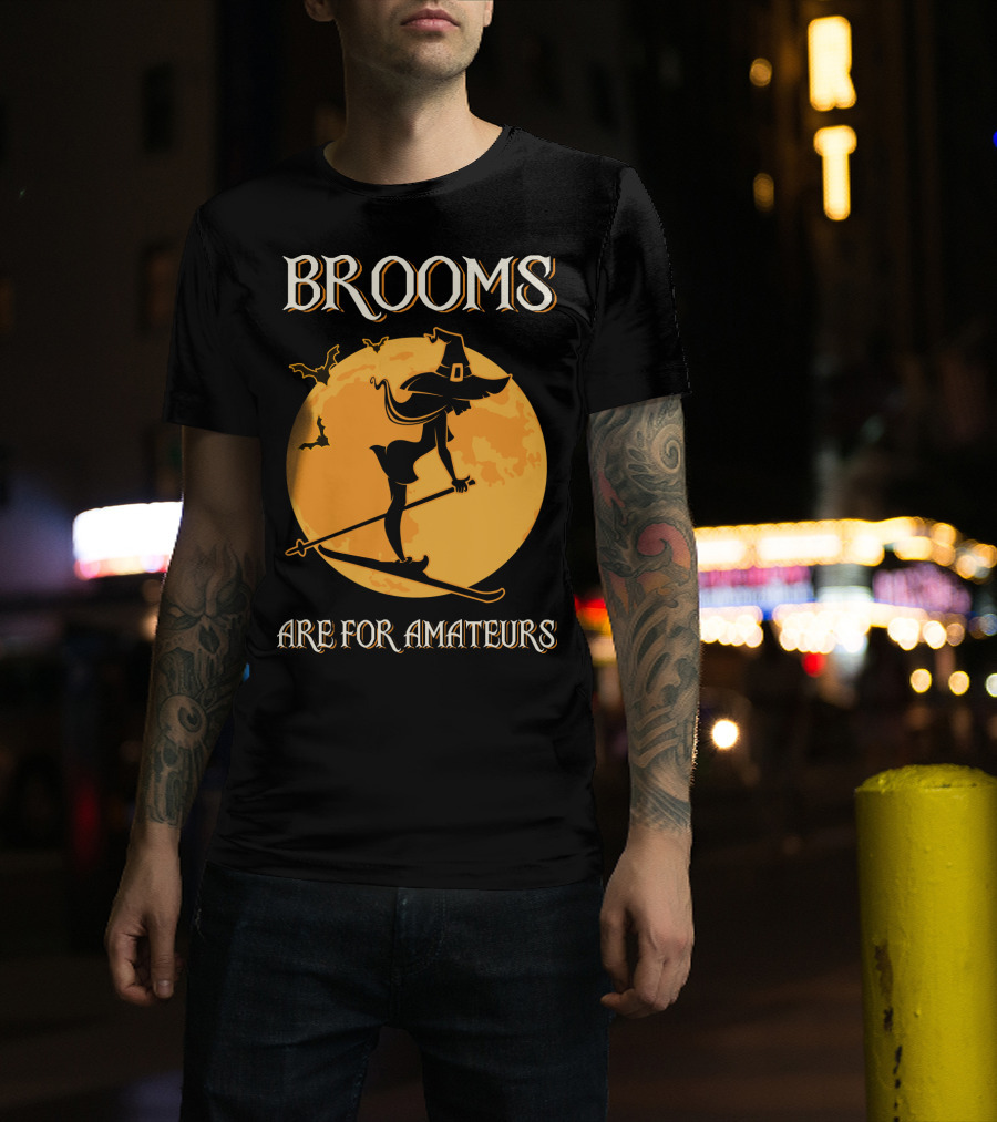 Brooms Are For Amateurs Witch Skiing Silhouette Halloween Moon T-Shirt