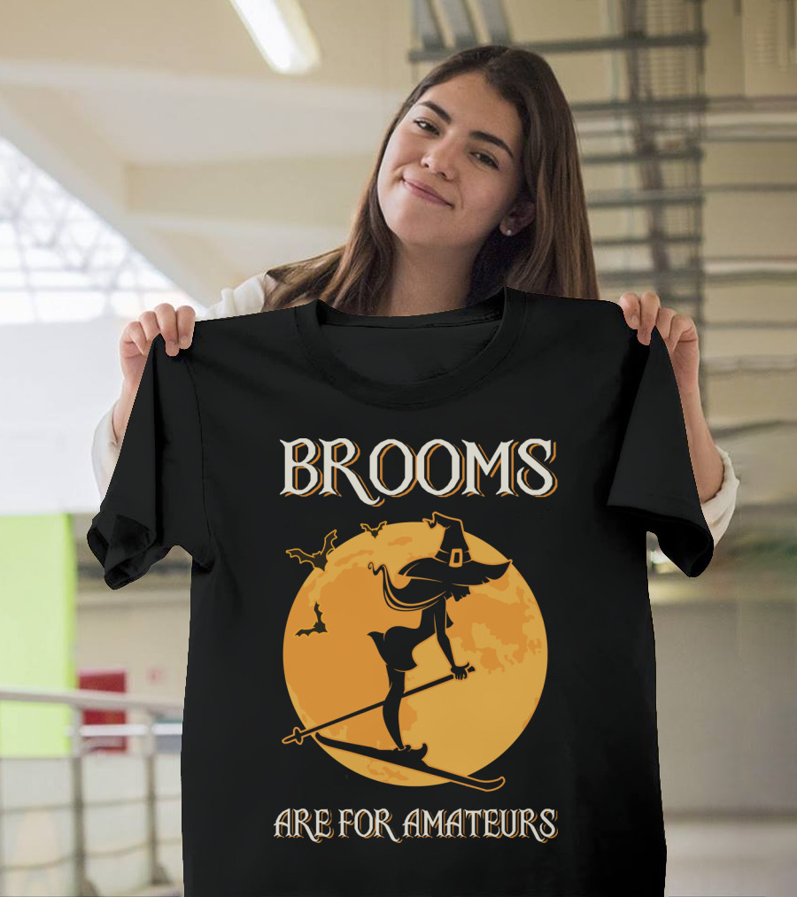 Brooms Are For Amateurs Witch Skiing Silhouette Halloween Moon T-Shirt