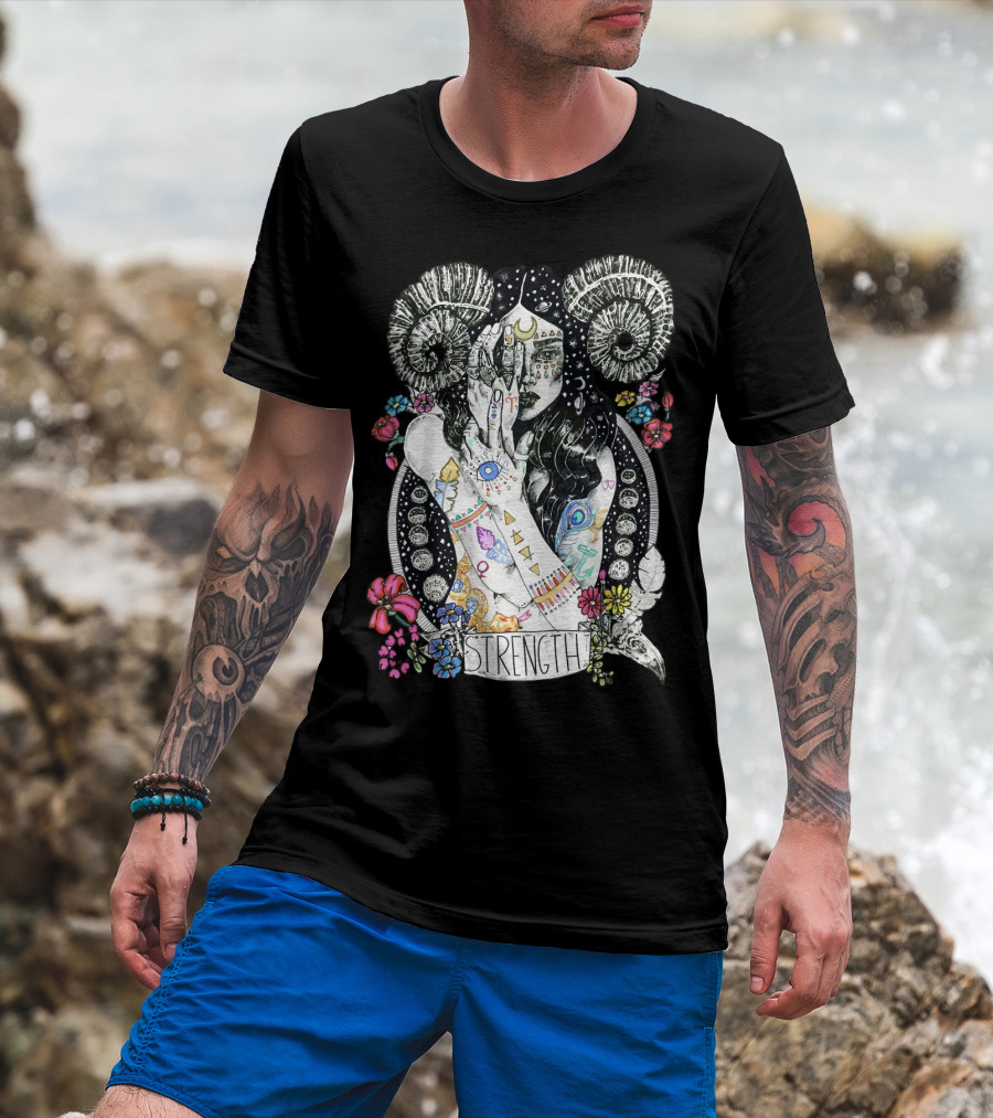 Strength Zodiac Goddess With Symbols And Flowers T-Shirt
