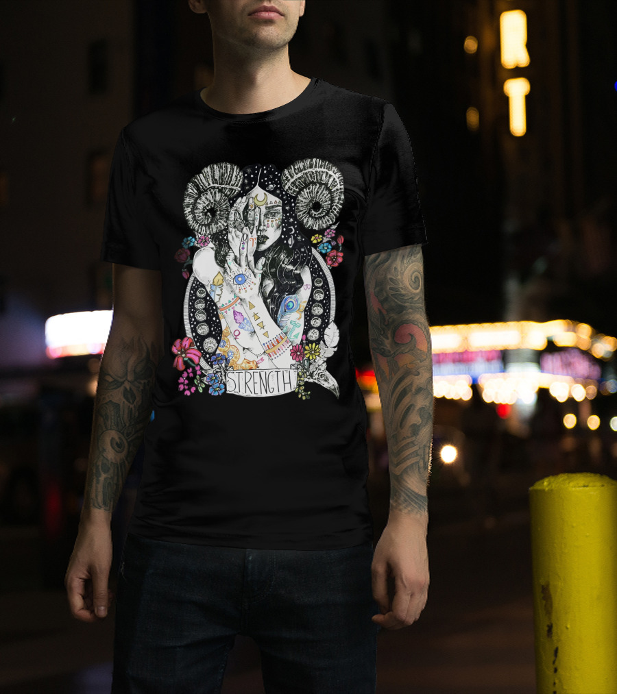 Strength Zodiac Goddess With Symbols And Flowers T-Shirt