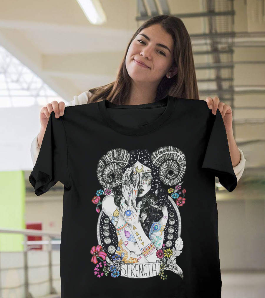 Strength Zodiac Goddess with Symbols and Flowers T-Shirt