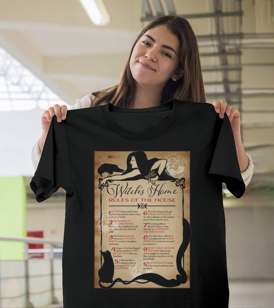 Witch's Home Rules Of The House Guide With Black Cat, Raven, Potion, Magic, And Enchanting Text Elements T-Shirt