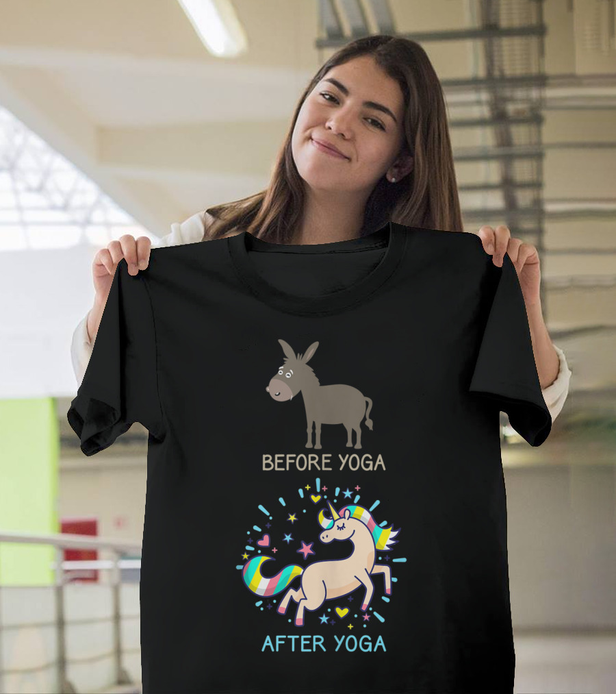 Before Yoga After Yoga Donkey and Unicorn Transformation Fantasy Animals T-Shirt