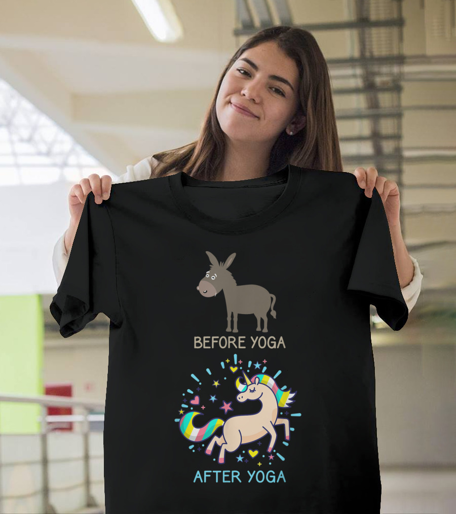 Before Yoga Donkey After Yoga Fantasy Unicorn Transformation T-Shirt