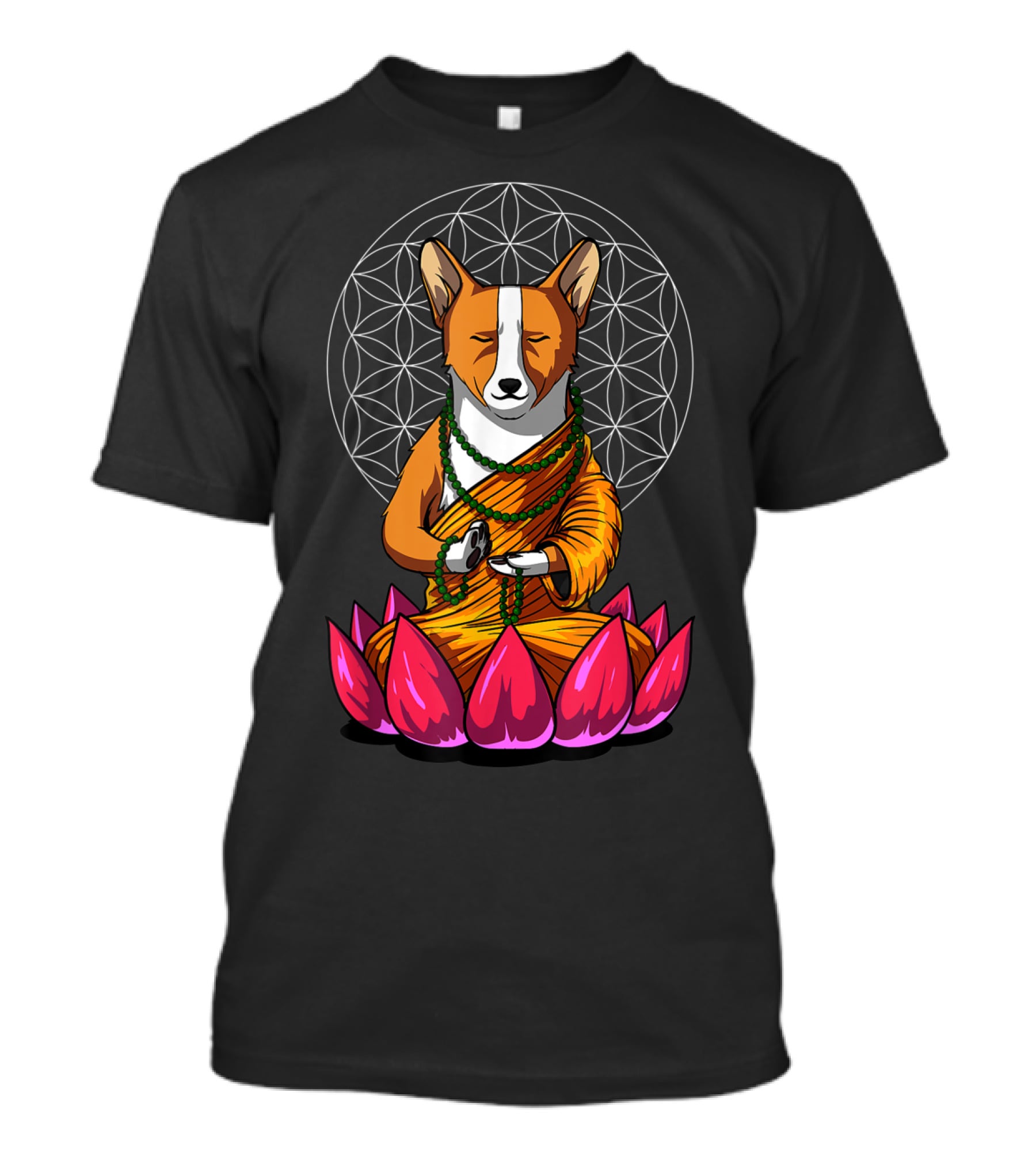 Corgi Dog Meditating In Buddha Pose With Lotus And Mandala Background T-Shirt
