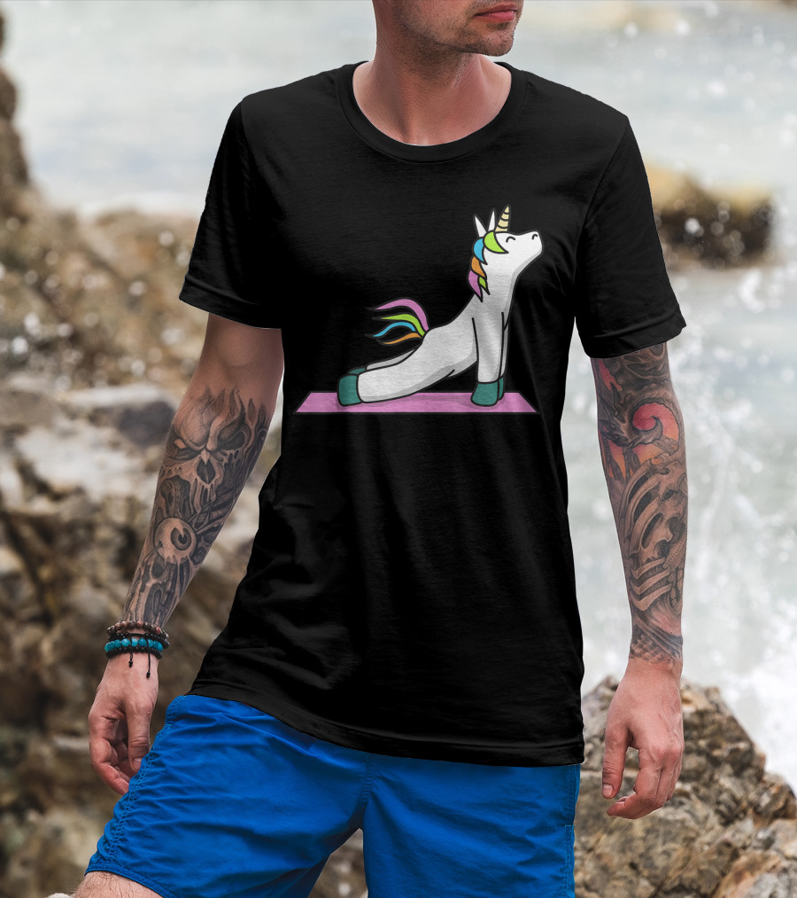 Cute Yoga Unicorn Meditation Fitness Pose With Rainbow Mane T-Shirt