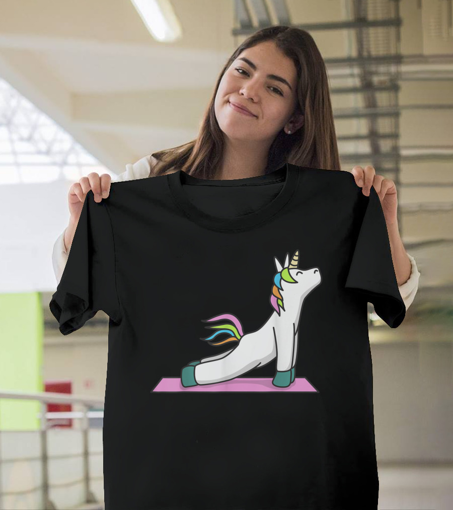 Cute Yoga Unicorn Meditation Fitness Pose With Rainbow Mane T-Shirt