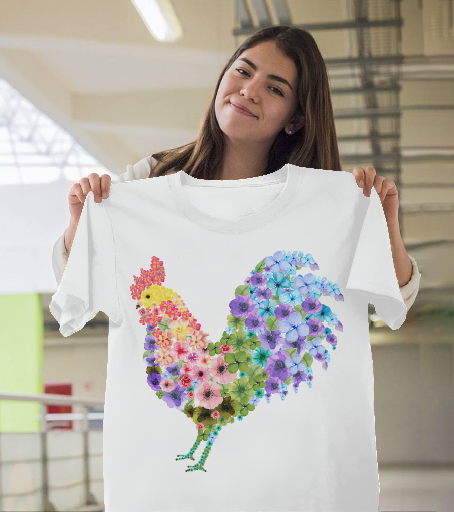 CHICKEN Flower Patterned Rooster with Vibrant Floral Colors T-Shirt