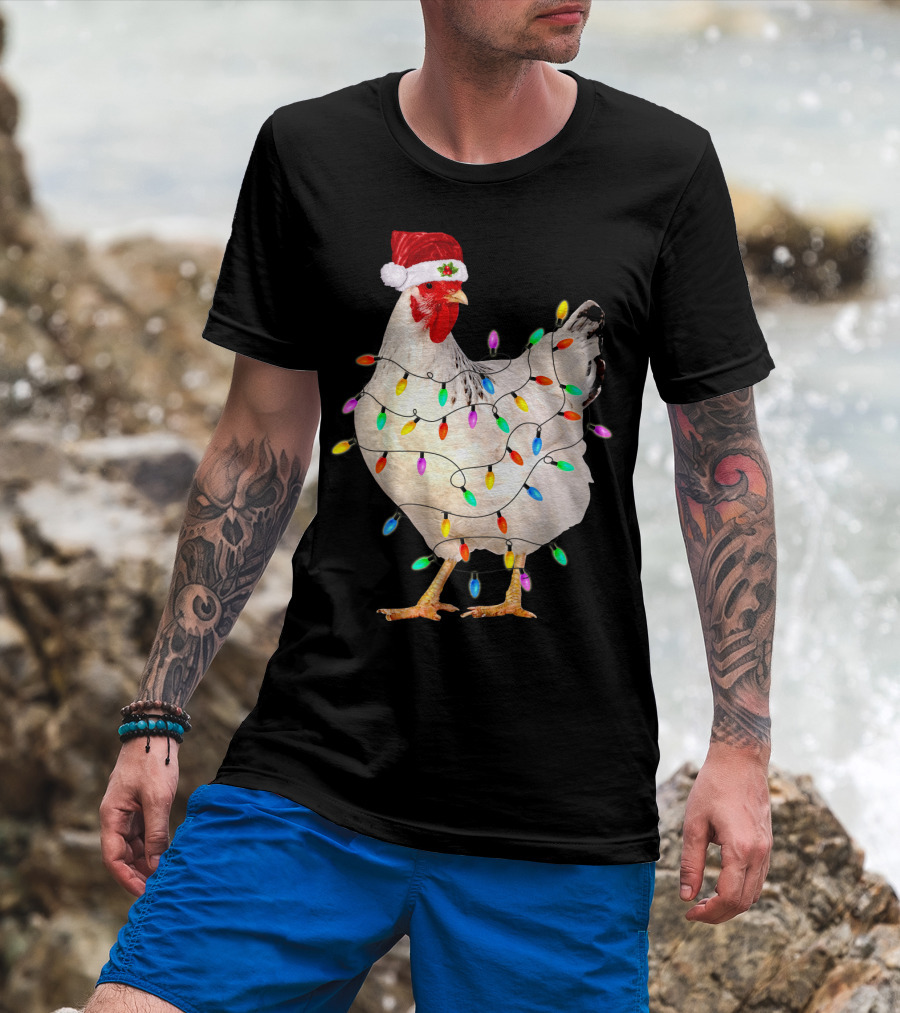Chicken Light Christmas Santa Hat String Lights T-Shirt