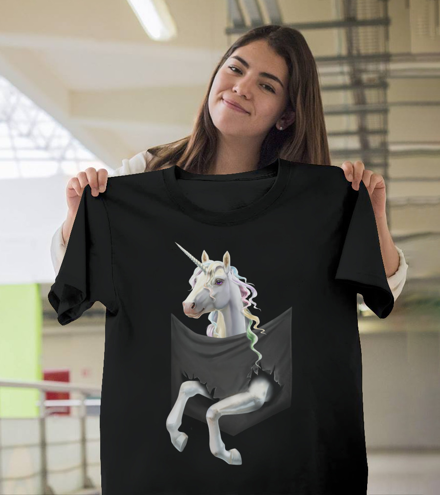 Unicorn Peeking from Torn Pocket T-Shirt