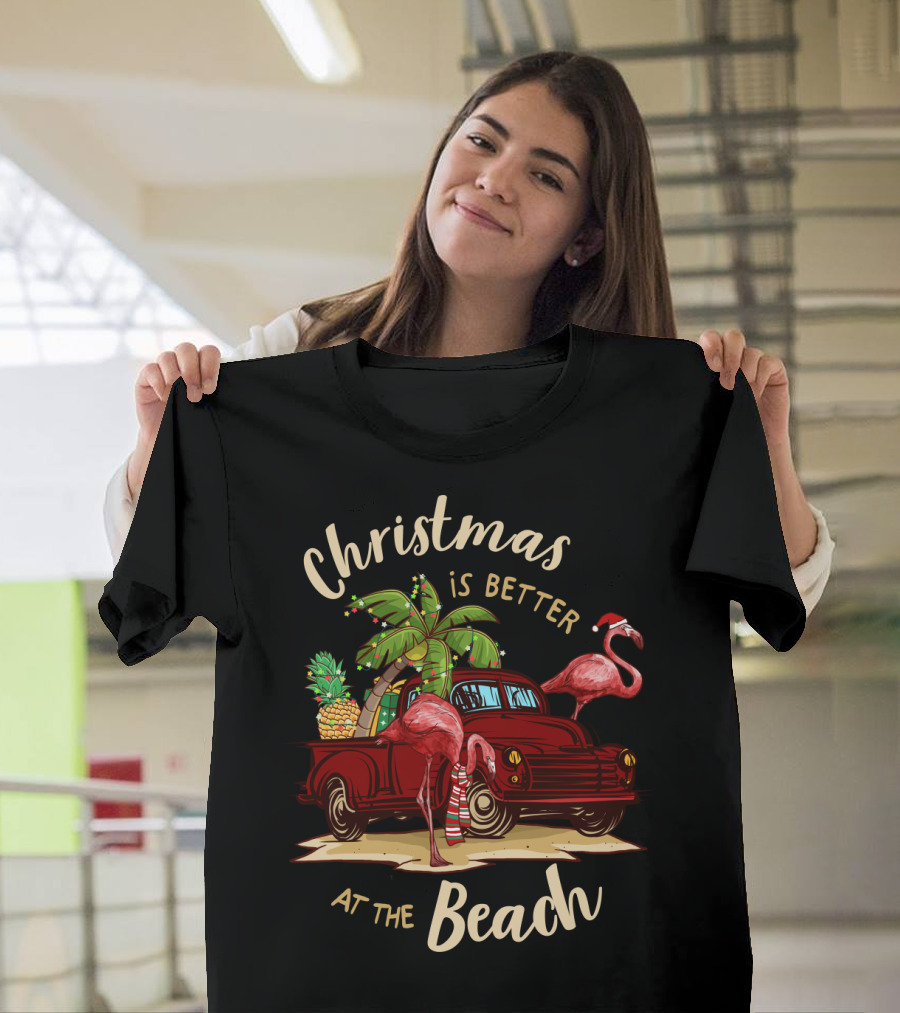 Christmas Is Better At The Beach With Flamingos And Palm Trees T-Shirt