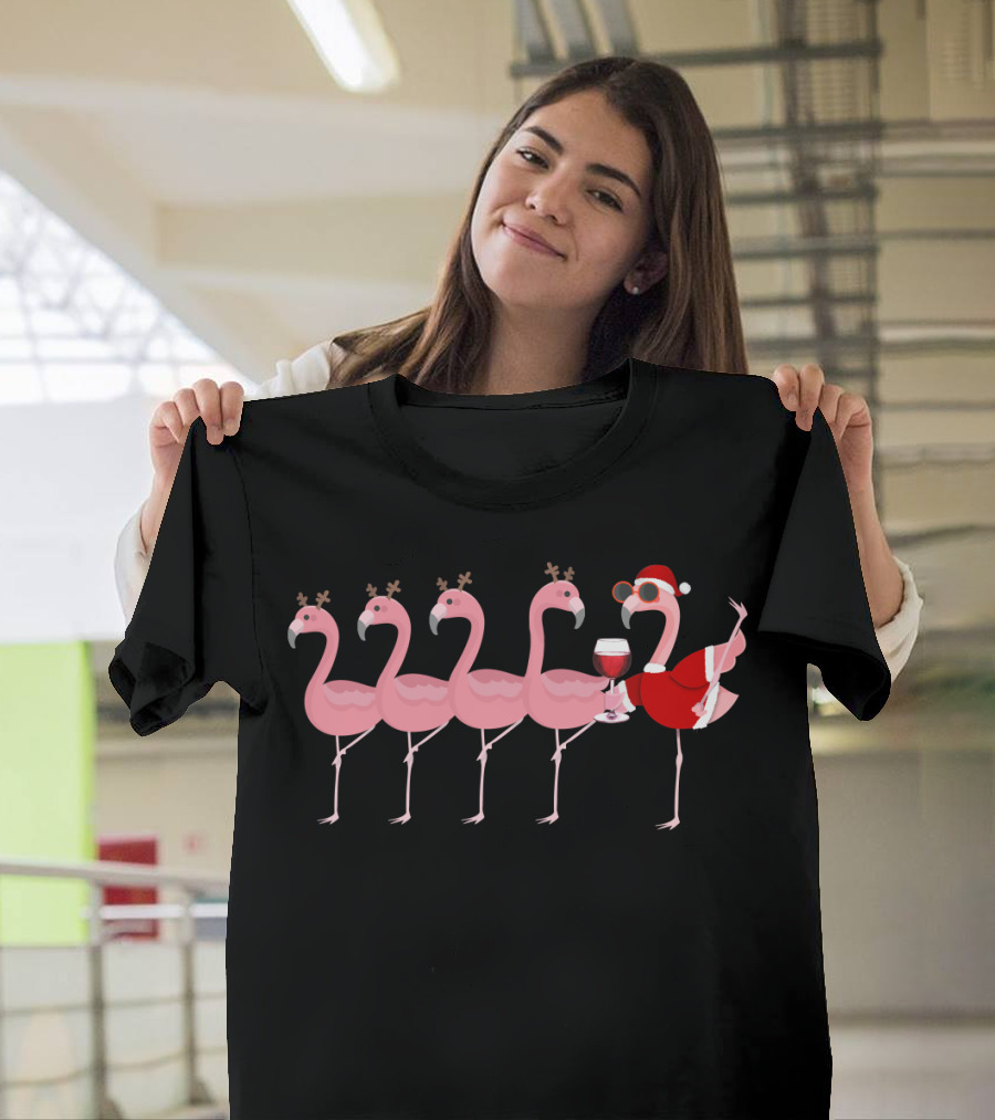 Christmas Flamingo Wine Santa Glass Holiday Party Reindeer Antlers T-Shirt