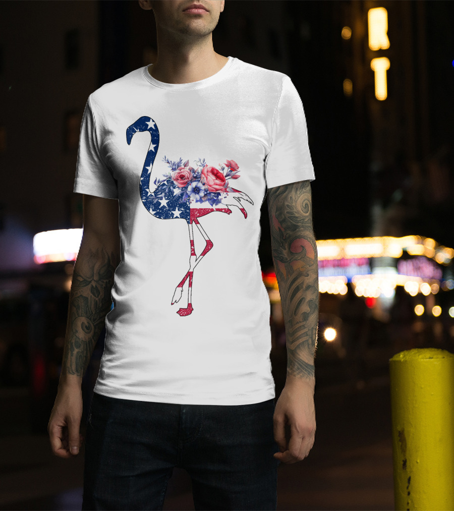 Flamingo American Flag Stars And Stripes With Floral T-Shirt