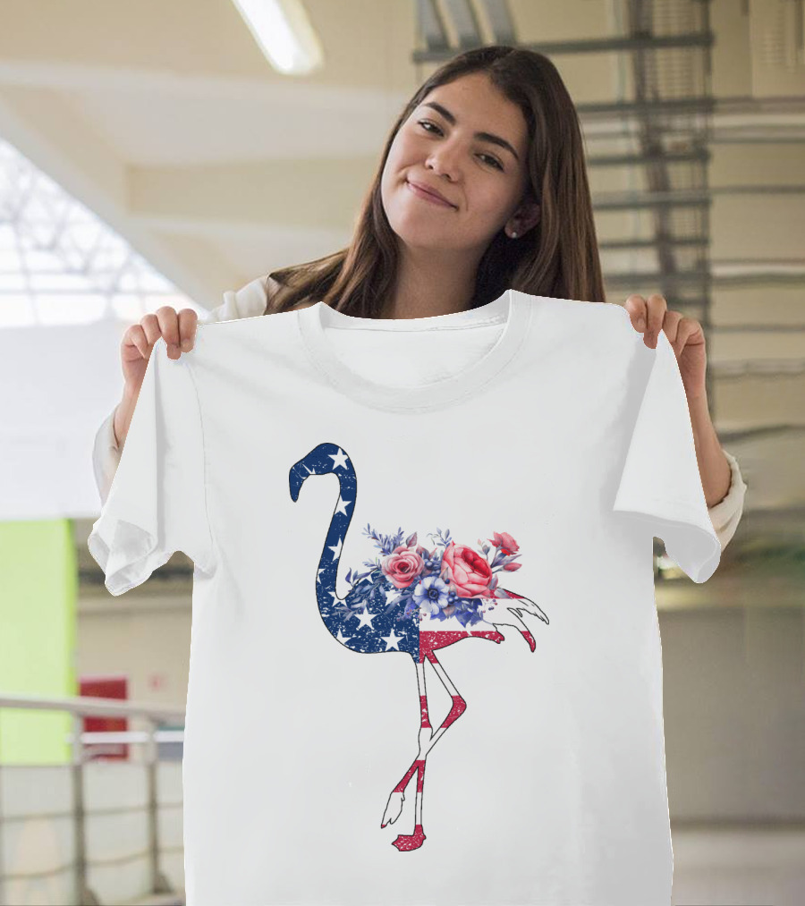 Flamingo American Flag Stars And Stripes With Floral T-Shirt