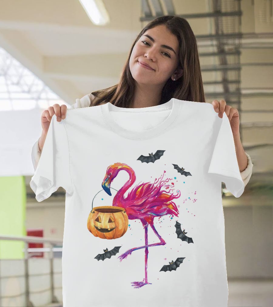Flamingo With Halloween Pumpkin And Flying Bats T-Shirt