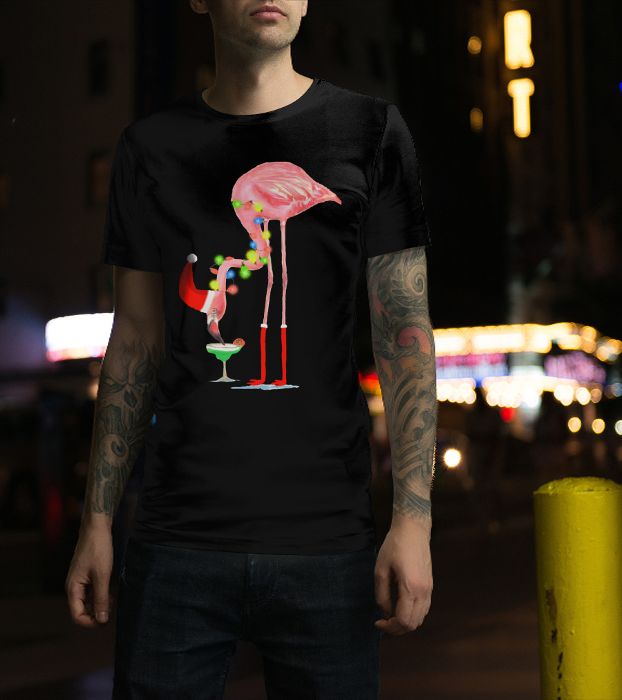 Flamingo Christmas Cocktail Santa Hat And Lights T-Shirt