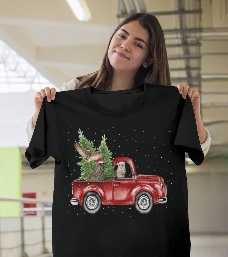 Owl Christmas Red Truck With Santa Hats And Tree T-Shirt