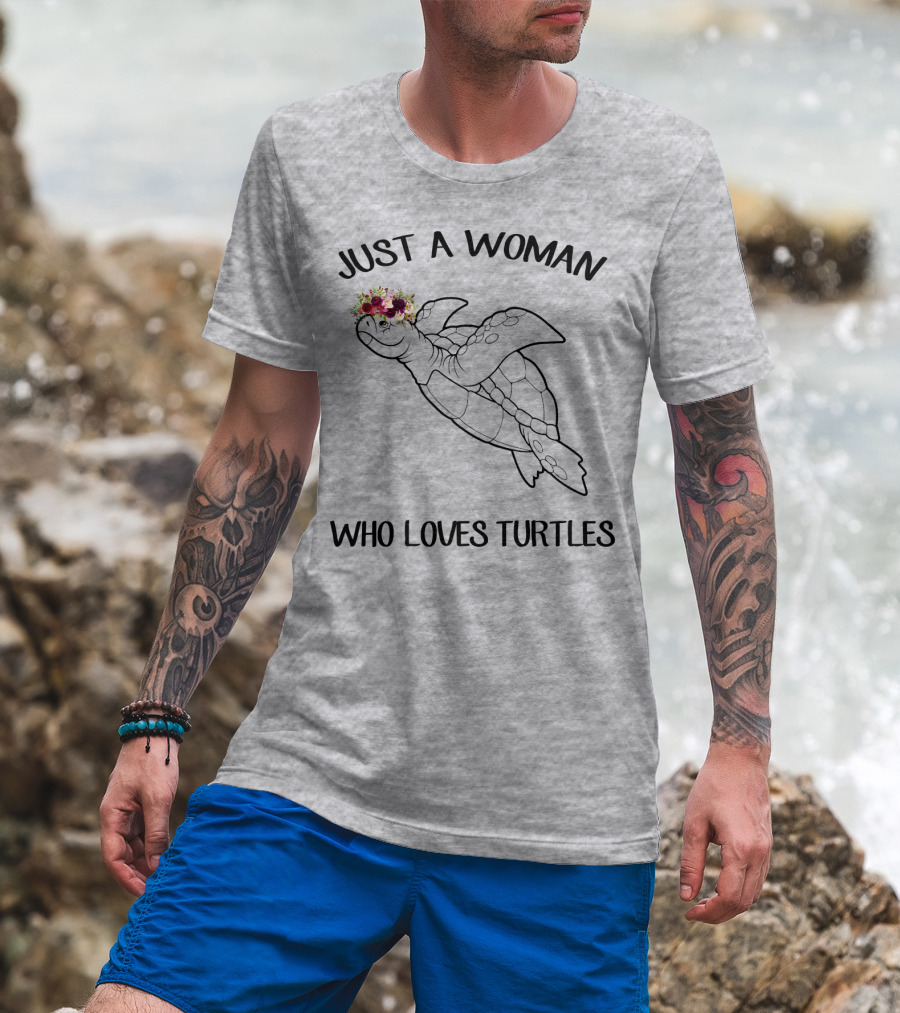 Just A Woman Who Loves Turtles With Floral Crown T-Shirt