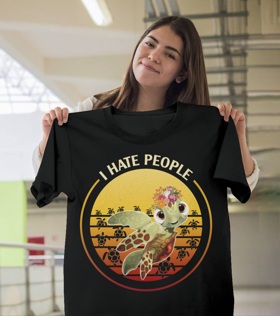 I Hate People Flower Turtle Retro Sunset T-Shirt