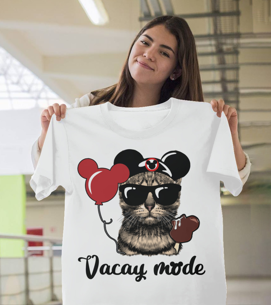 Vacay Mode Cat with Mouse Ears, Balloon, Sunglasses, Chocolate for Fans T-Shirt