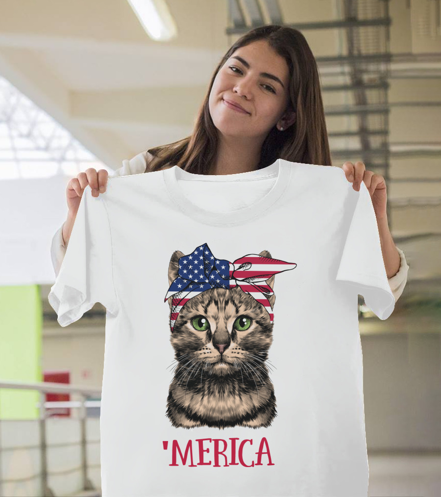 Cat with American Flag Bandana 'Merica T-Shirt