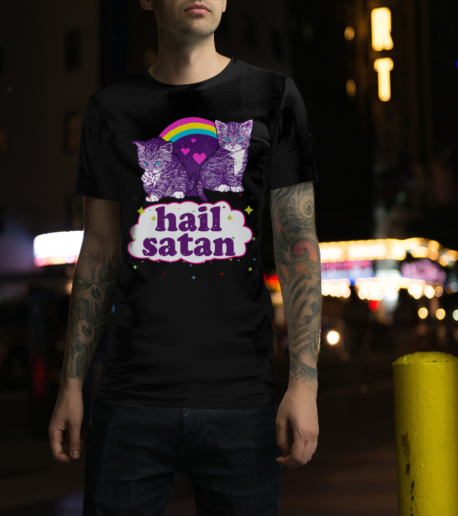 Hail Satan Cats With Rainbow And Hearts T-Shirt