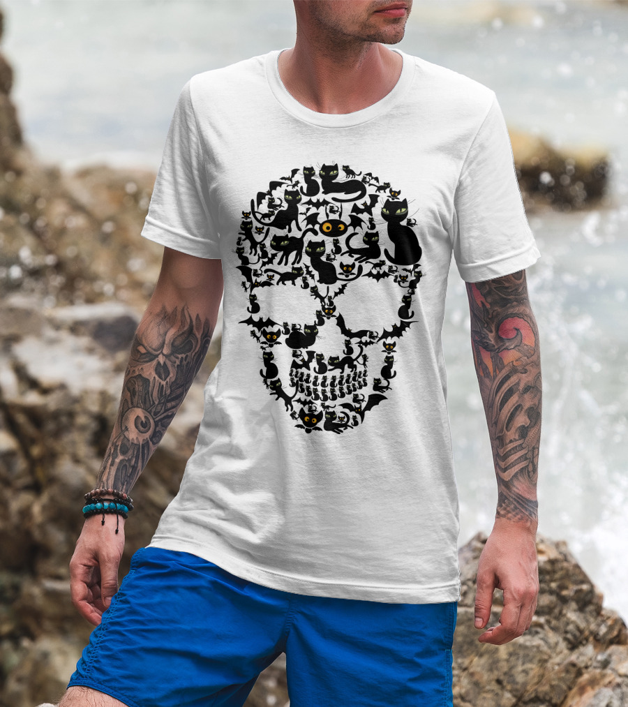 Cat Skull Bat Eyes Halloween Cats T-Shirt