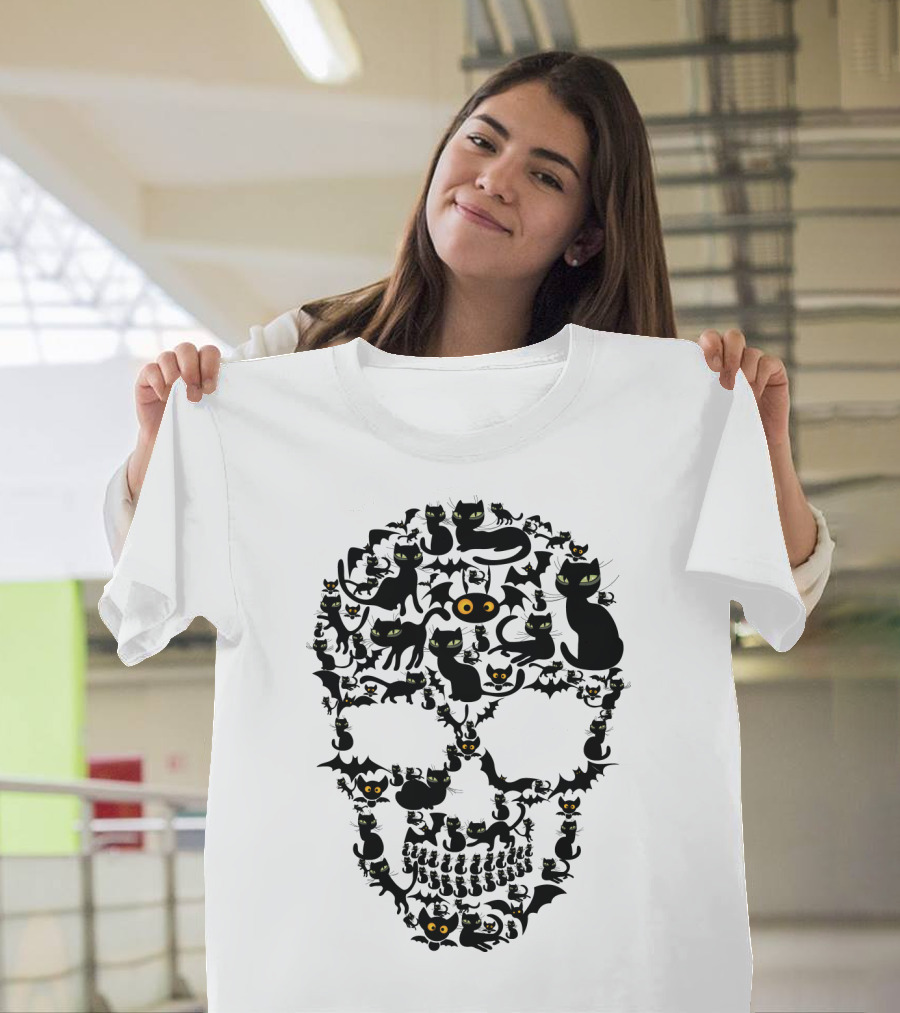 Cat Skull Bat Eyes Halloween Cats T-Shirt