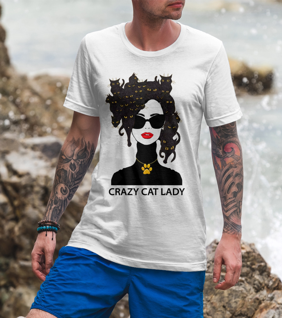 CRAZY CAT LADY Cat Afro Sunglasses Red Lips Golden Paw Necklace T-Shirt