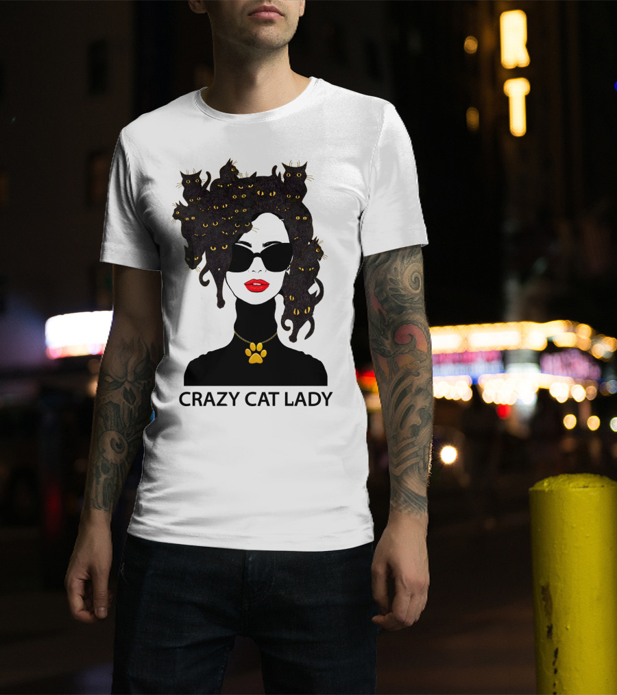 CRAZY CAT LADY Cat Afro Sunglasses Red Lips Golden Paw Necklace T-Shirt