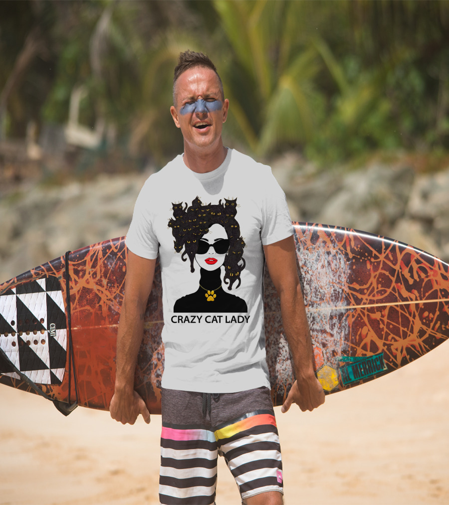 CRAZY CAT LADY Cat Afro Sunglasses Red Lips Golden Paw Necklace T-Shirt